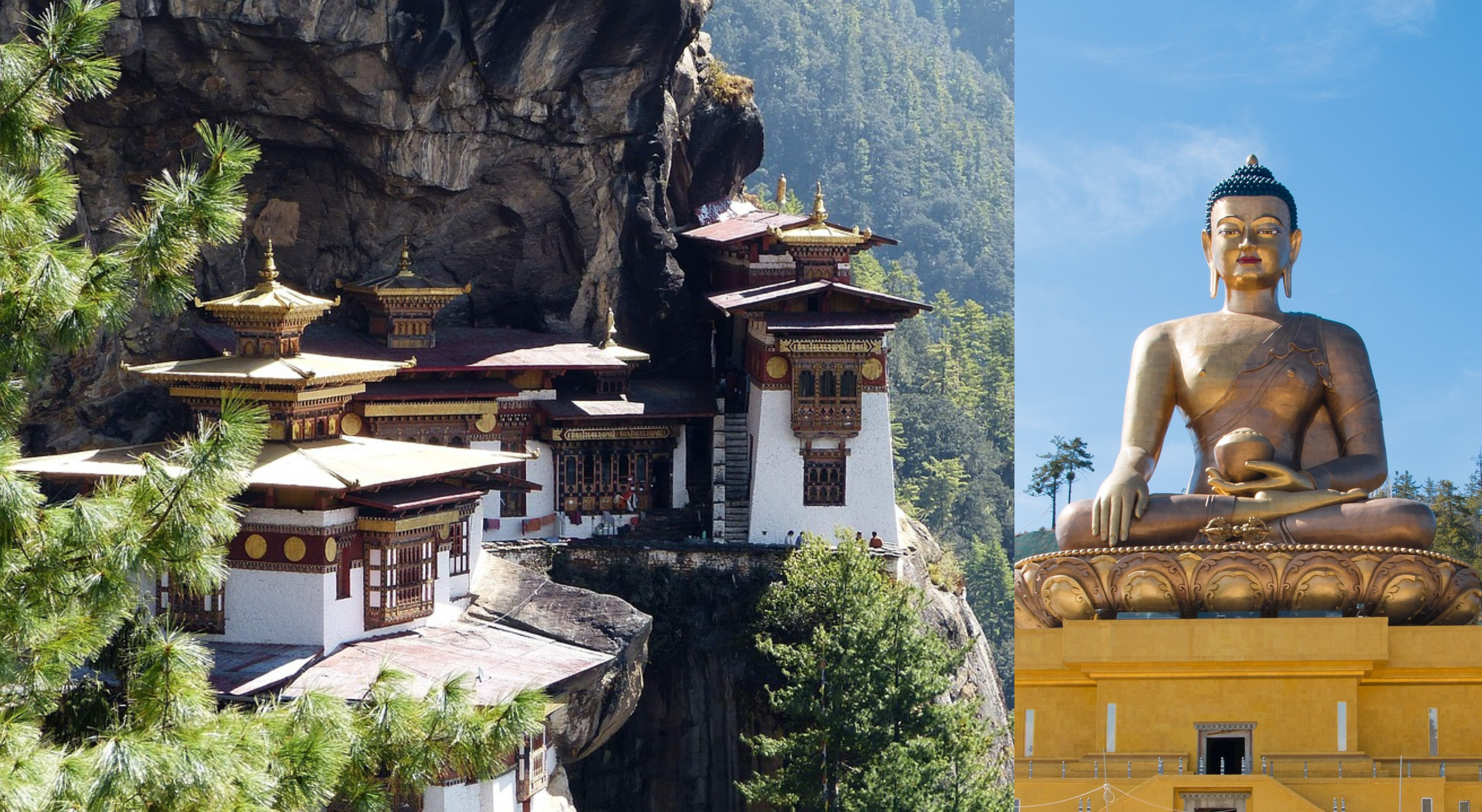 Statue of Buddha and temple on mountain edge in Bhutan - Top 7 Travel Destinations in the World That Offer Visa Free Entry for Indians
