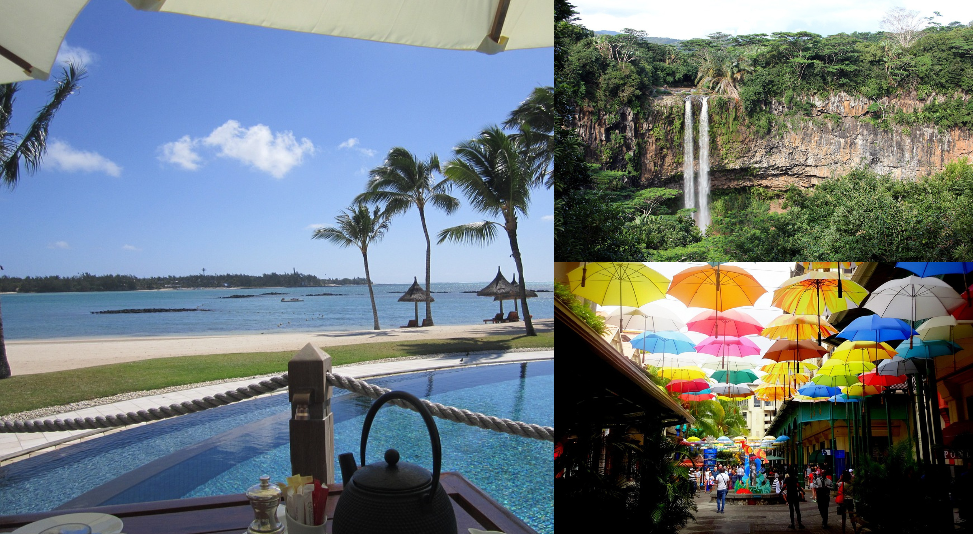 umbrella market, beach and waterfall in  - Mauritius