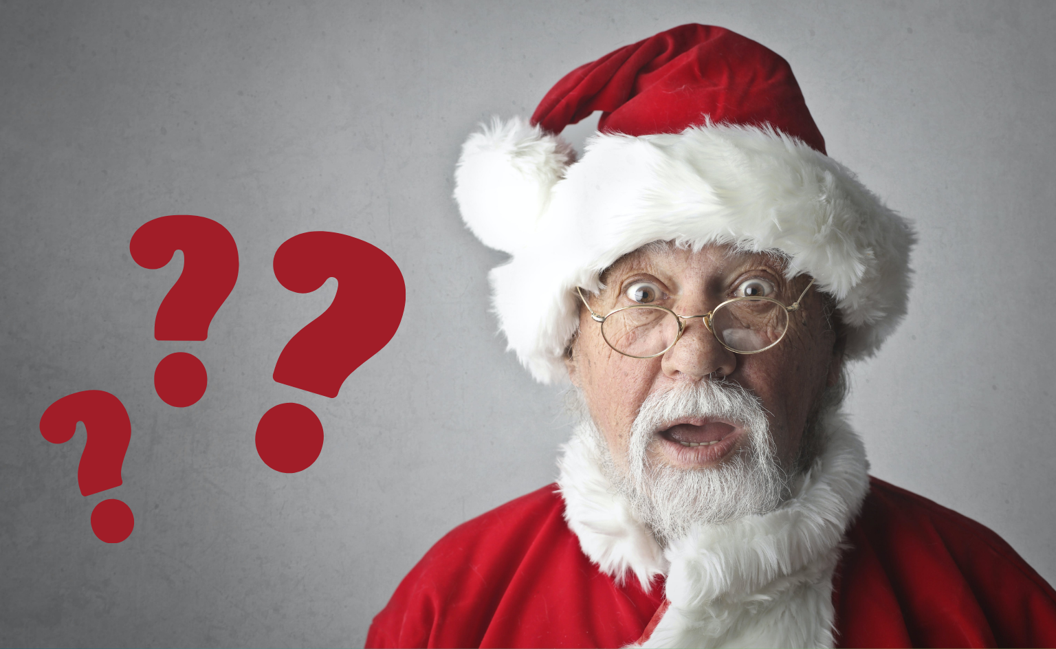 Surprised Santa clause with question marks